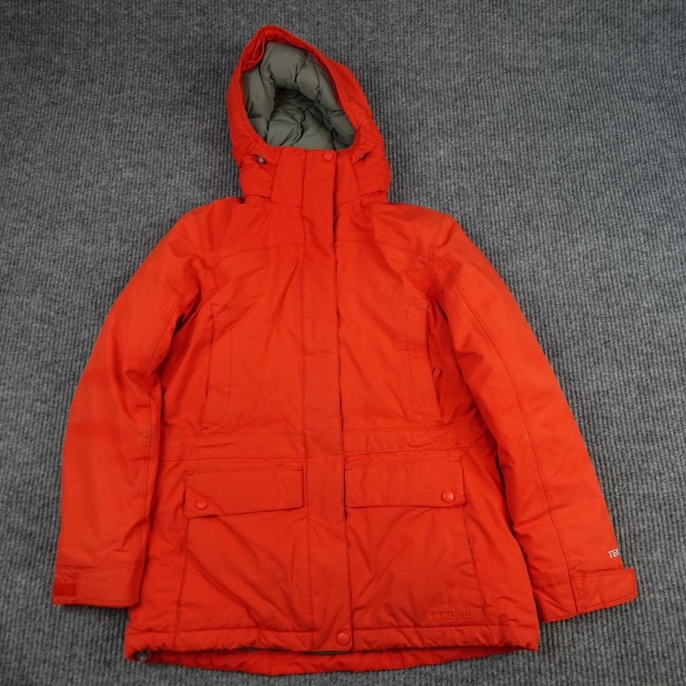 L.L. Bean Coat Womens XS Orange DownTek Hooded Parka Insulated Mid Length Zip